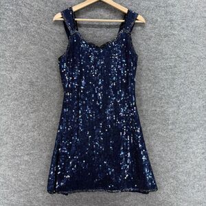 Expresssions Dress Women 10 Blue Sequin Sheath Short Zipper Lined Silk V-Neck